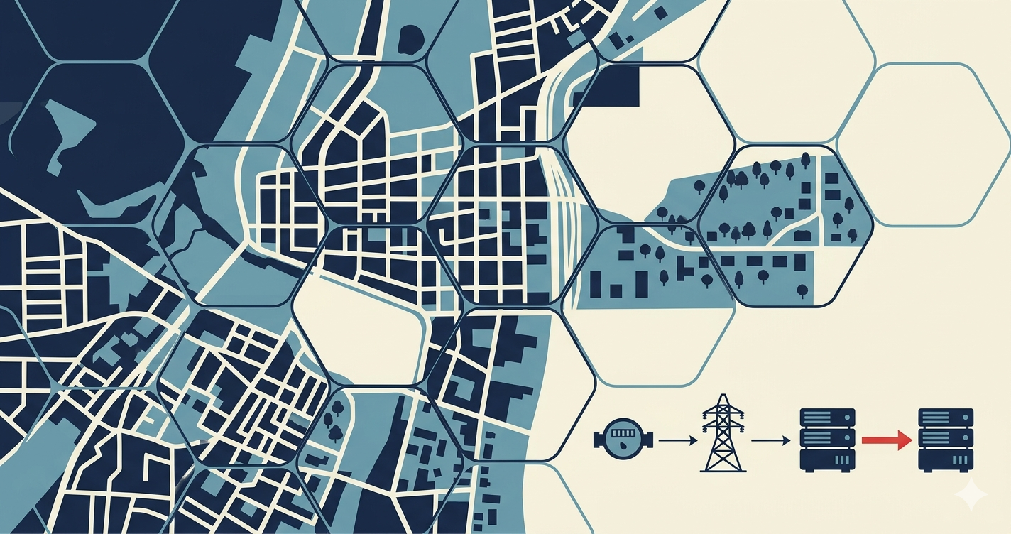 Stylized AMI coverage map of a water utility service territory, with hexagonal cellular cells overlaid on city blocks and tree-lined neighborhoods showing where read-rate gaps typically appear, alongside a meter-to-tower-to-head-end-to-billing-system data flow with the billing integration step highlighted in red.