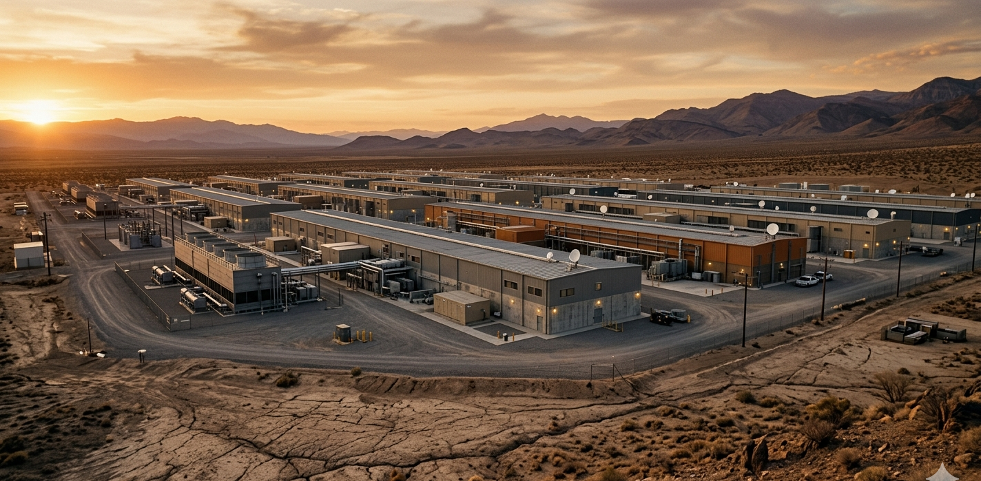 Aerial view of a sprawling data center complex in the high desert at sunset, with dry, cracked earth in the foreground