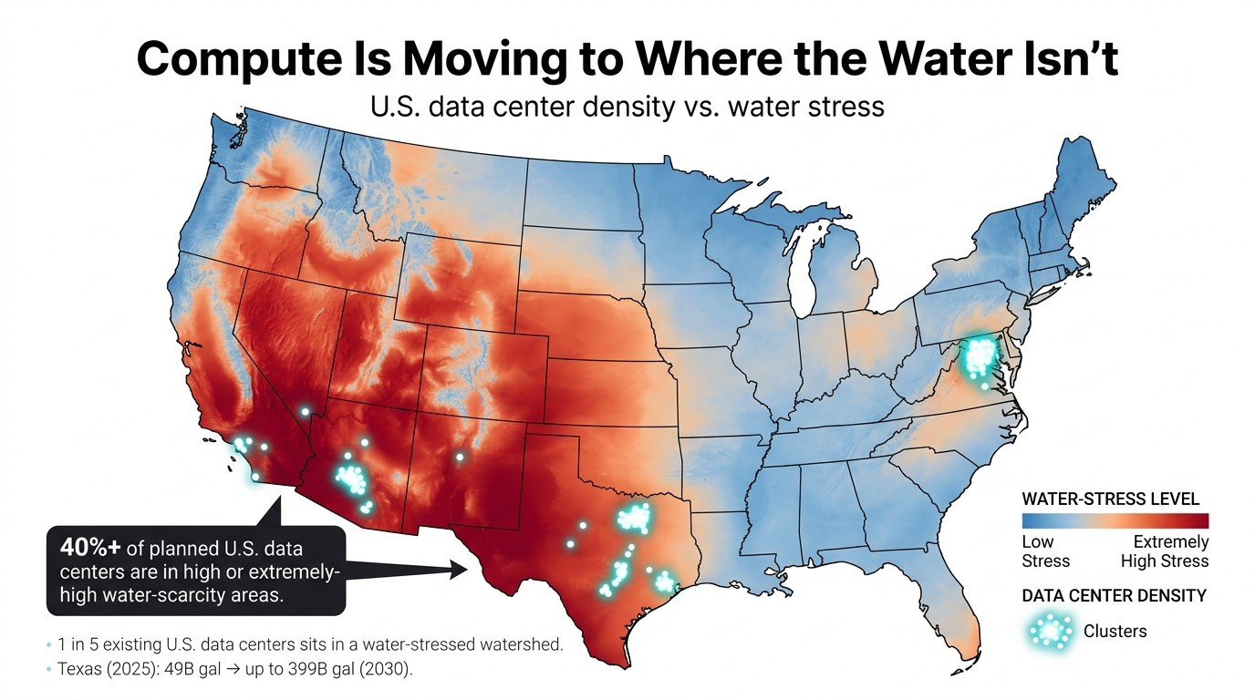 U.S. map showing data center density concentrated over the most water-stressed regions of the Southwest, Texas, and the West