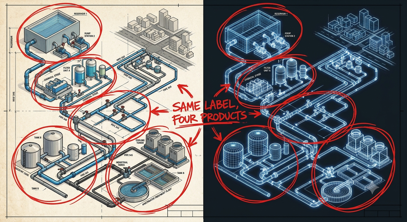 Split isometric drawing of the same water network shown two ways, hand-drawn engineering linework on paper on the left and a glowing blueprint wireframe on black on the right, with red marker circles grouping four sections and a scrawled annotation reading "same label, four products."