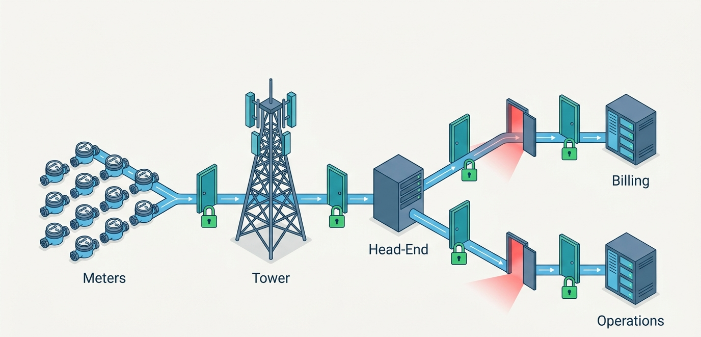 An isometric diagram of a water utility AMI data pipeline flowing from a grid of meters to a radio tower to a Head-End server and on to Billing and Operations systems, with most connection points drawn as locked green doors and two drawn as red open doors marking unsecured entry points.