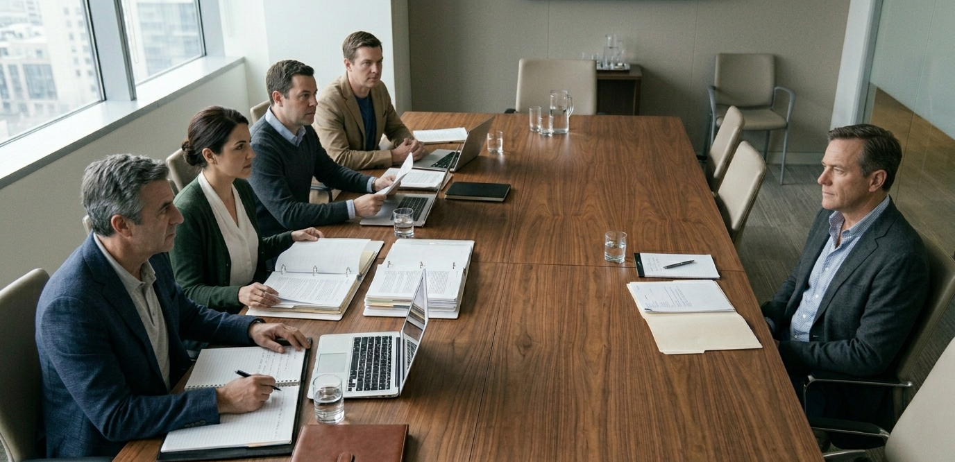 A vendor team of four sits along one side of a conference table with thick binders, open documents, and laptops, facing a single municipal representative seated alone across the table with only a thin folder and a notepad.
