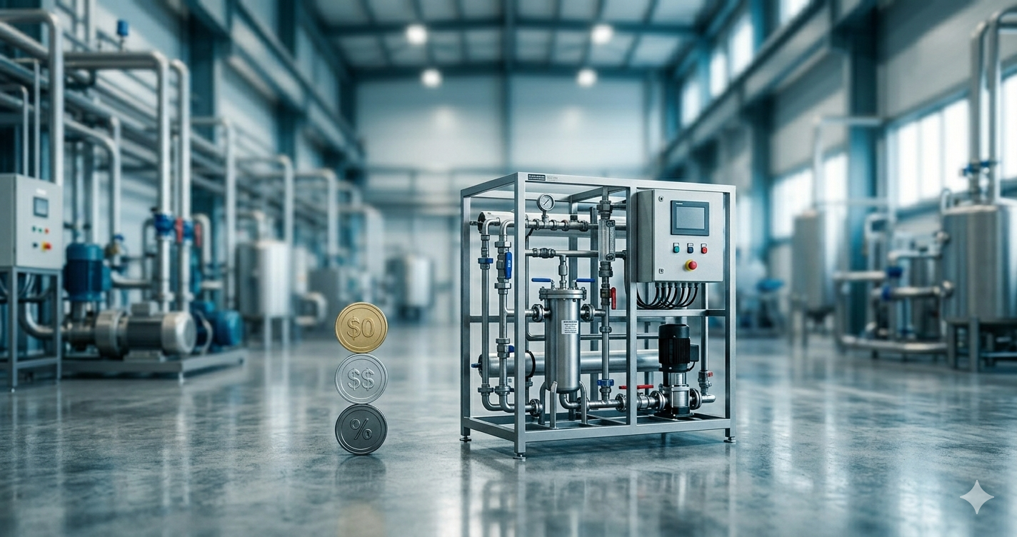 A stainless-steel water treatment pilot skid on a polished concrete floor inside a modern utility plant, with three stacked coins to the left labeled $0, $$, and % representing free, paid, and shared-savings pilot pricing models.