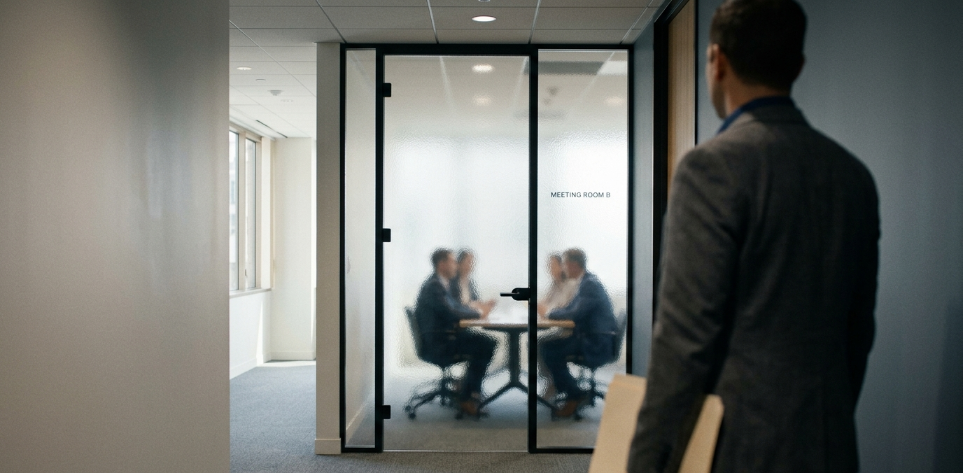 View down an office hallway toward a frosted-glass conference room labeled Meeting Room B, where several blurred figures meet around a table. In the foreground a person in a blazer holds a folder and stands outside the closed room, not part of the meeting.