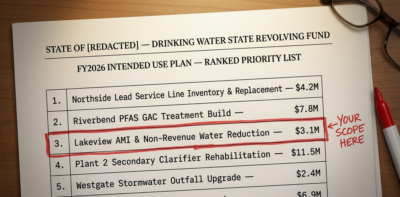 A redacted State Drinking Water State Revolving Fund FY2026 Intended Use Plan ranked priority list on a wooden desk, with the third project (an AMI and non-revenue water reduction line item) circled in red marker and a handwritten note in the margin reading 'YOUR SCOPE HERE.'