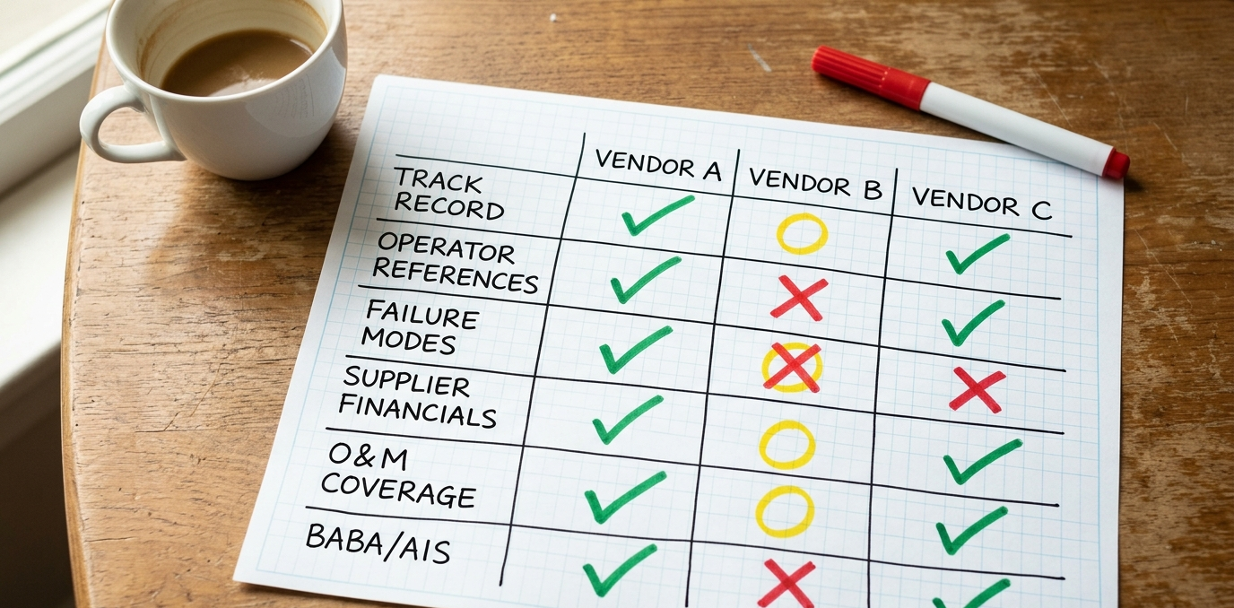 A hand-drawn vendor evaluation matrix on engineering graph paper, lying on a wood desk next to a coffee cup and a red marker. Six rows labeled Track Record, Operator References, Failure Modes, Supplier Financials, O&M Coverage, and BABA/AIS are scored across three vendor columns (A, B, C) with green checks, yellow circles, and red Xs.