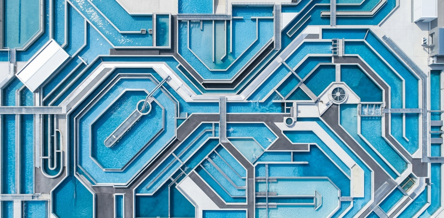 Overhead aerial view of a modern water treatment facility, its geometric blue basins resembling a circuit board