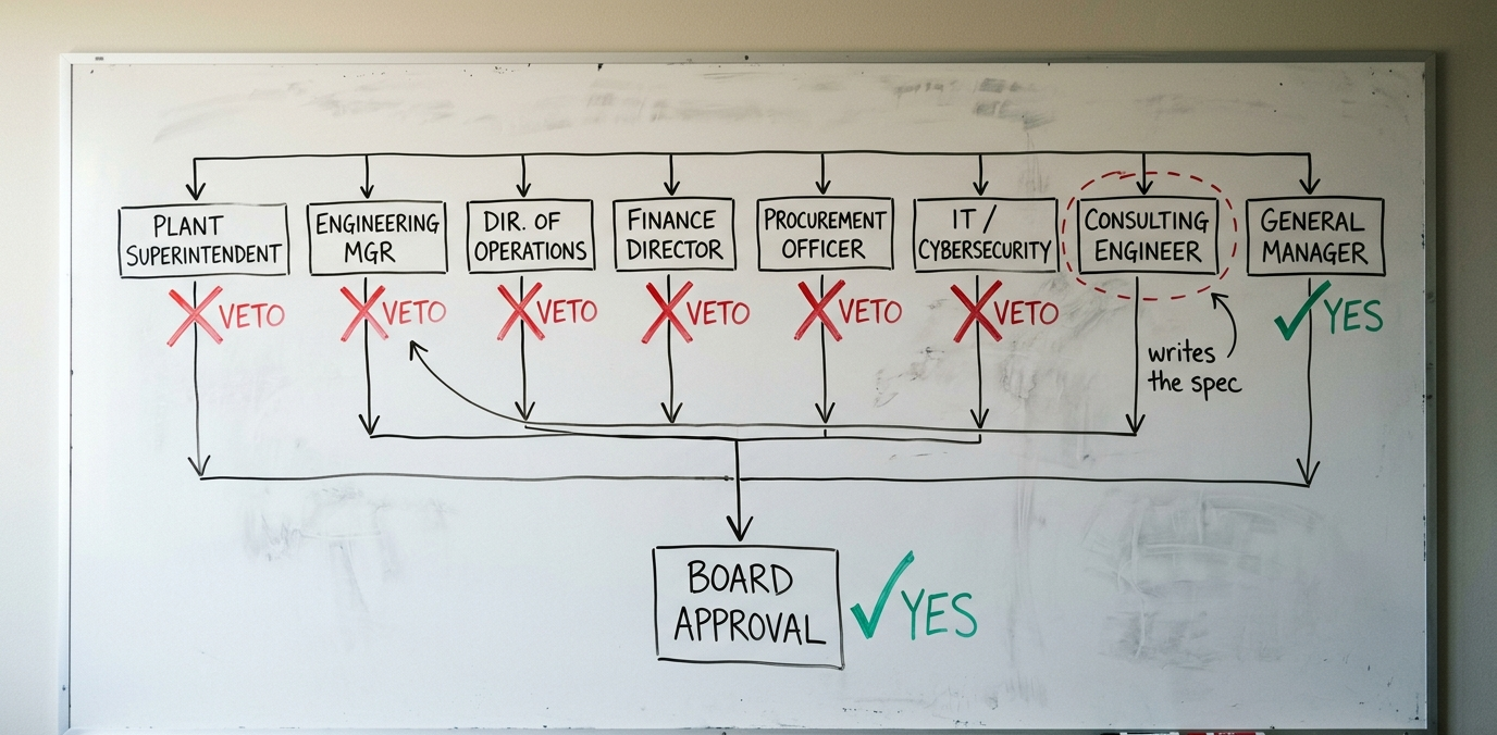 A whiteboard decision-flow diagram of a water utility buying committee. Eight role boxes across the top — Plant Superintendent, Engineering Mgr, Dir. of Operations, Finance Director, Procurement Officer, IT/Cybersecurity, Consulting Engineer, General Manager — feed downward into a single Board Approval box at the bottom. Six of the role boxes are marked with a red X and the word VETO. The General Manager and Board Approval boxes are marked with a green check and YES. The Consulting Engineer box is circled in red dashed lines with a handwritten note 'writes the spec' and a curved arrow pointing back to the Engineering Mgr.