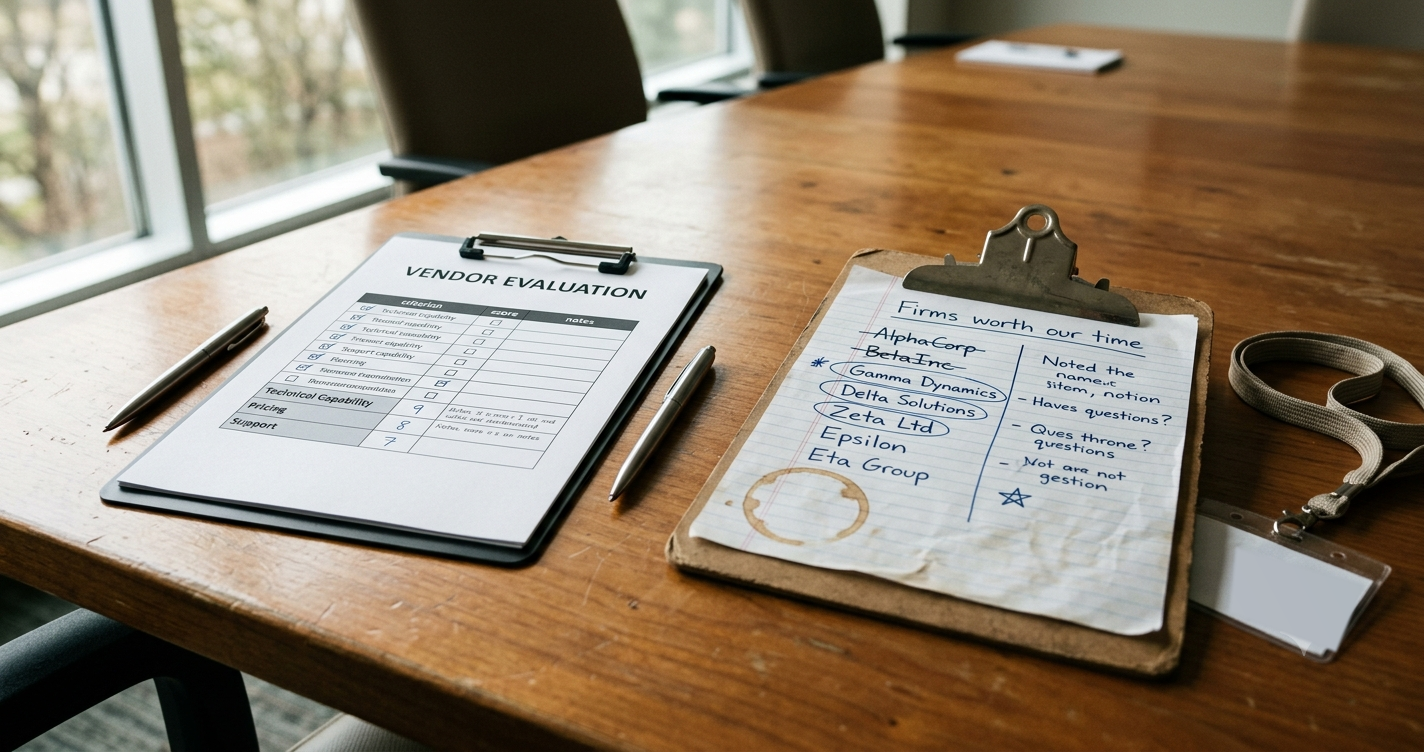Two clipboards facing each other on a conference table, a typed vendor evaluation form on one and a handwritten coffee-stained list titled Firms worth our time on the other, with a conference lanyard beside them.