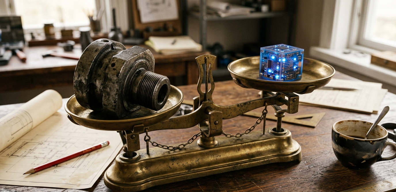 A brass balance scale on an engineer's desk. A weathered steel machine part on the left pan outweighs a glowing blue circuit-board cube on the right, tipping the scale toward the proven part, with a rolled blueprint and red pencil beside it.
